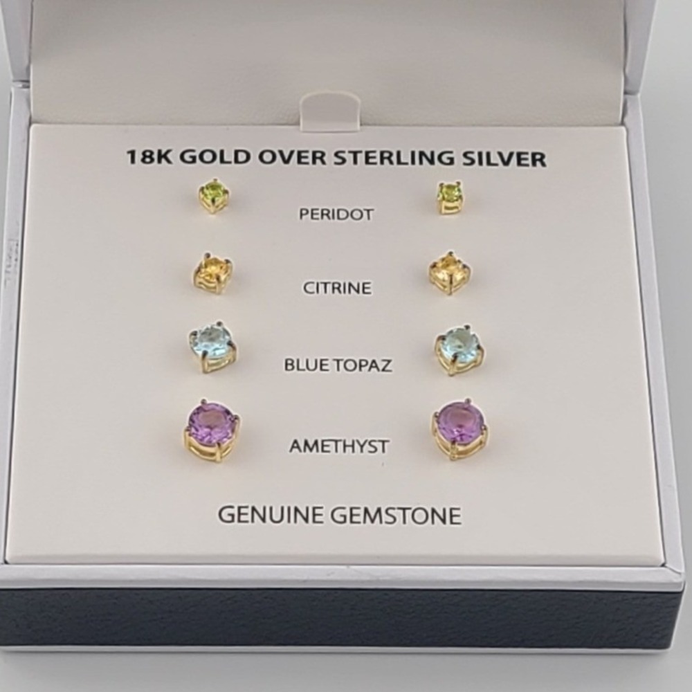 RH Macy & Co 18K Gold Over Sterling Silver Genuine Gemstone Stud Earring Set 4pk